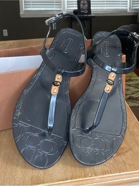 Coach Black Jelly T-Strap Sandals with Gold Accents